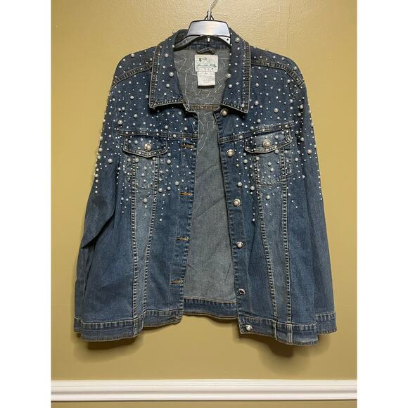 Vintage Quacker Factory Denim Jacket 1X – Pearl & Rhinestone  Jean Jacket - Picture 1 of 8
